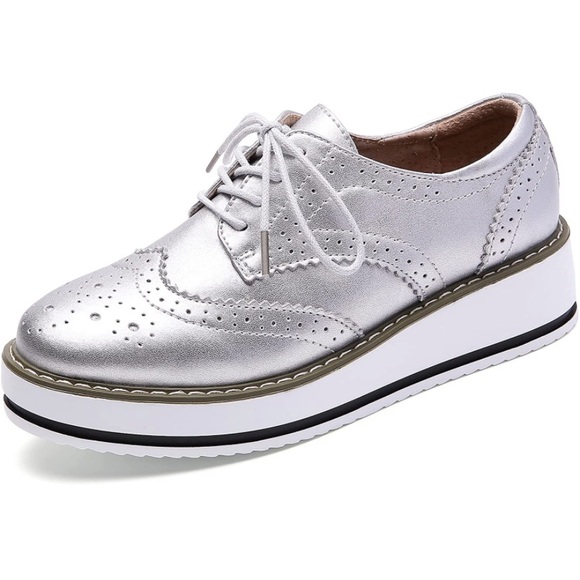 Lace-Up Wingtips Square Toe Oxfords Shoe Silver - Picture 1 of 6